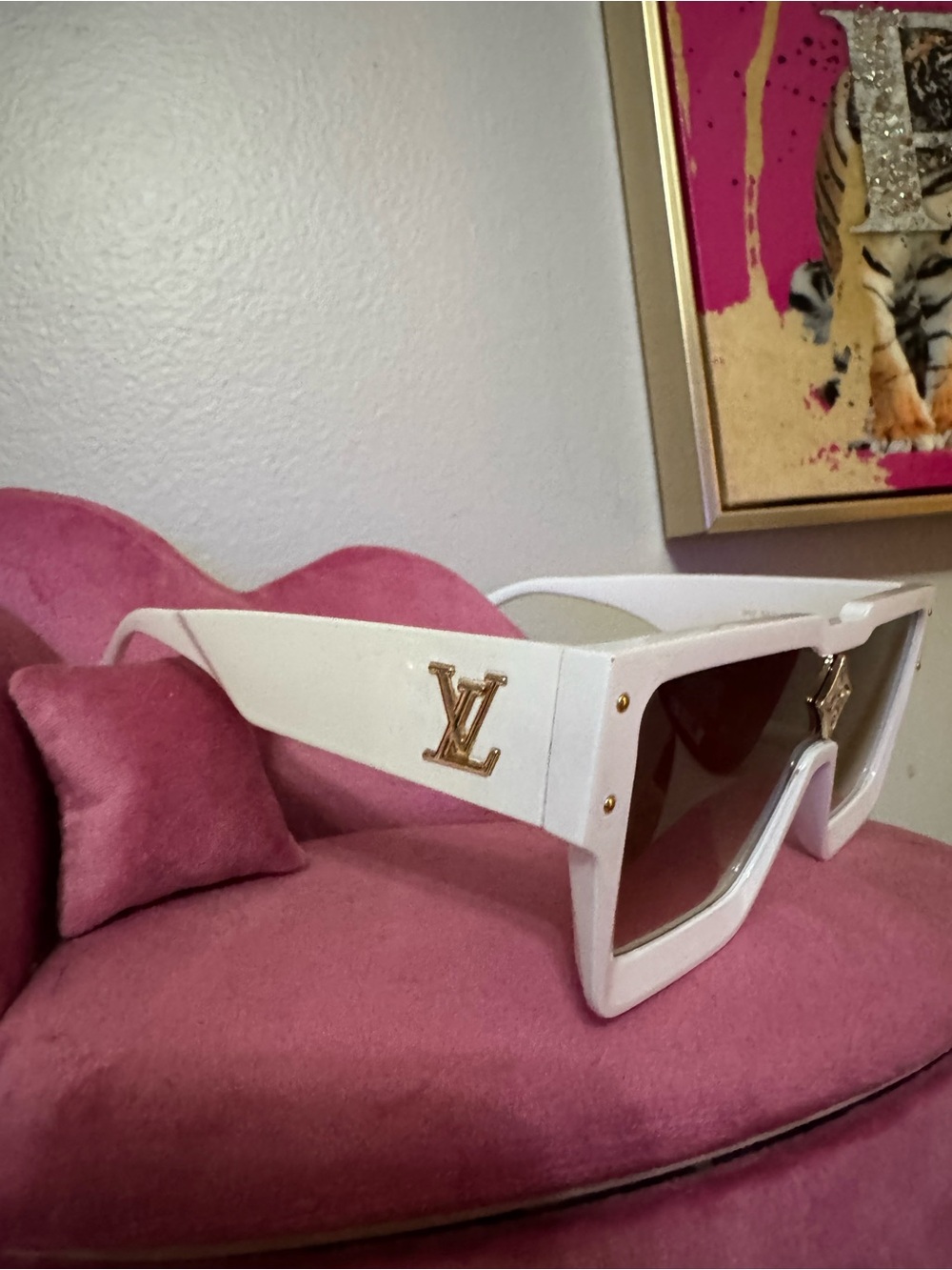 Louis Vuitton White Oversized Shield Sunglasses with Gold LV Accents